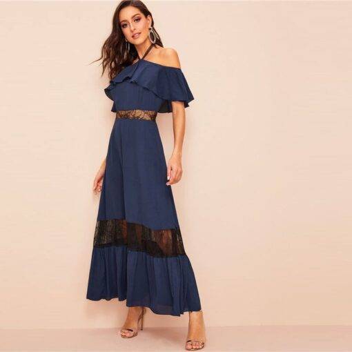 Women’s Ruffled Off Shoulder Navy Blue Dress Dresses & Jumpsuits FASHION & STYLE cb5feb1b7314637725a2e7: Navy Blue