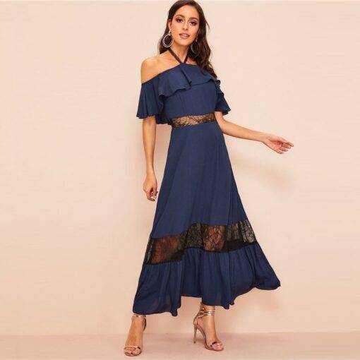 Women’s Ruffled Off Shoulder Navy Blue Dress Dresses & Jumpsuits FASHION & STYLE cb5feb1b7314637725a2e7: Navy Blue