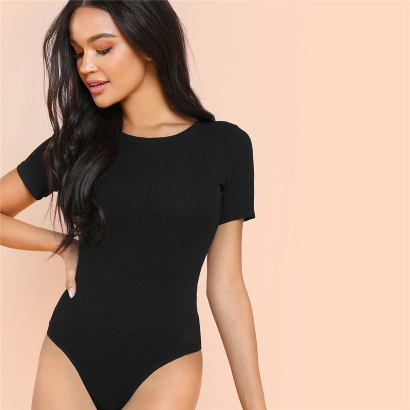 Women's Minimalistic Short Sleeve Black Bodysuit