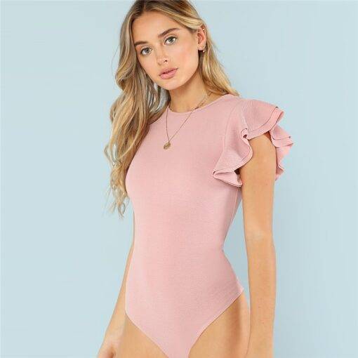 Women’s Pink Ruffle Bodysuit Body Suits FASHION & STYLE cb5feb1b7314637725a2e7: Pink